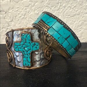Vintage Silver Brass Bronze Turquoise and Silver Cuff Cross Bracelet and Bangle